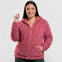 Jaqueta Plus Size Teddy Casaco Feminina com Bolso e Capuz G1 ao G3 Tamanho:G1Cor:Rosa