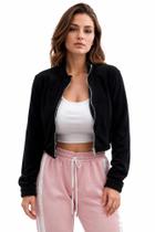 Jaqueta Plush Feminina Cropped FitWell Preta com Zíper Modelagem Jovem
