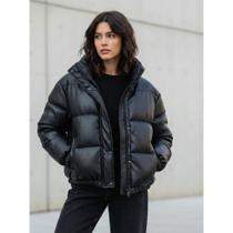 Jaqueta Puffer Couro Feminina com Capuz Casaco Térmico Jaqueta Puffer Couro Feminina com Capuz Casaco Térmico
