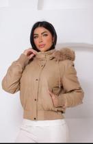 jaqueta puffer feminina couro pu com forro interno pelos no capuz e capuz com zíper removível, impermeável