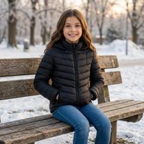 Jaqueta Puffer Infantil Juvenil Casaco Menina com Touca Jaqueta Puffer Infantil Juvenil Casaco Menina com Touca