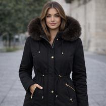 Jaqueta Sarja Parka Feminina Com Cordão De Ajuste Cintura Casaco De Inverno Casual Confortável