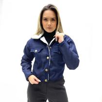 Jaqueta six one dupla face curta jeans forro sherpa feminina