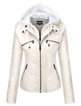 Jaqueta Springrain de material sintético Moto Biker com capuz feminina branca Jaqueta Springrain de material sintético Moto Biker com capuz feminina branca