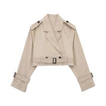 Jaqueta Trench Vintage Cropped Feminina Com Cinto, Gola Notched, Manga Longa, Estilo Chic