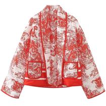 Jaqueta Yimoon Cropped Puffer acolchoada vintage floral vermelha para mulheres