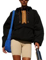 Jaqueta Ynhonra Puffer Pullover com capuz preta solta para mulheres