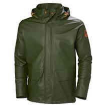Jaquetas de chuva masculinas Helly-Hansen Workwear Gale impermeáveis com capuz feitas de poliuretano pesado em malha de poliéster, 480 verdes militares pequenas