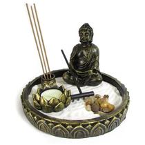 Jardim Zen Feng Shui Buda com Flor de Lotus 19cm - Incensario e Porta Vela Jardim Zen Feng Shui Buda com Flor de Lotus 19cm - Incensario e Porta Vela