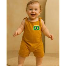 Jardineira Bebê Brasil Alça de Amarrar Body Romper Temático Mesversário Copa Algodão
