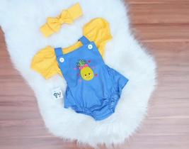 Jardineira Body Conjunto Romper Bebe Menina 3 Pçs Mesversario Abacaxi C Tiara