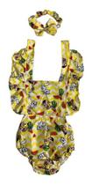Jardineira Body Romper Banho De Sol Menina Comilona Amarelo Jardineira Body Romper Banho De Sol Menina Comilona Amarelo