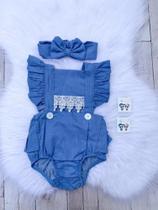 Jardineira Body Romper Bebe Menina Jeans Mesversario C Tiara