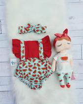 Jardineira Body Romper Bebe Menina Melancia C Tiara