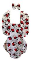 Jardineira Body Romper Temático Minnie Branco Preto