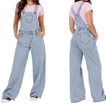 jardineira calça feminina macacão pantalona wide leg jeans premium marmorizada juvenil estilosa para meninas tendencia inverno do 10 ao 16