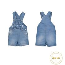 Jardineira D'Julio Azul Jeans Carrinho Bordado Bebê Menino