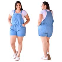 Jardineira Feminina Plus Size, Curta, Sarja Azul Claro - Cambos