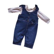 jardineira infantil macacão jeans 2 peças - roupa bebê - jardineira e blusa manga longa