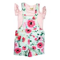 Jardineira Infantil Menina de Sarja Verde e Blusa de Viscose Jardineira Infantil Menina de Sarja Verde e Blusa de Viscose