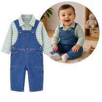 Jardineira Jeans Carters Calça Longa Com Camisa Bebe Azul - Jardineira Jeans Carters Calça Longa Com Camisa Bebe Azul -