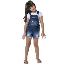 Jardineira Jeans Estonado Destroyed Infantil Menina Shorts Tam 4 a12 - Mania Kids