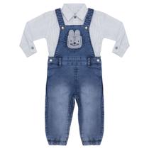Jardineira Jeans Infantil Look Jeans c/ Camisa Listrada