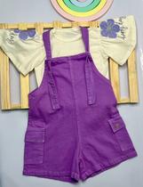 Jardineira Jeans Infantil Menina Candy Colors + Blusa Bordada Com Paetê 100% Algodão