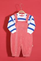 Jardineira Keko Baby Goiaba em Plush com Bordado "Hora do Recreio" + Camiseta Manga Longa de Listras (GG/1/2)