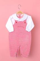 Jardineira Keko Baby Rosa em Plush Listrado com Bordado "Dino Baby" + Blusa Manga Longa Branca (RN/P)