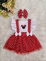 Jardineira Minie Branca com tule vermelho