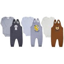 Jardineira Moletinho Conjunto Com Bodies Mistos Chá de Bebê