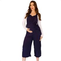 Jardineira pantacourt com bolso azul marinho