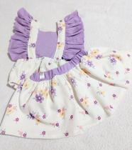 Jardineira Romper Bebê Menina 2 x 1 com Saia e Tapa Fralda em Malha Jacquard