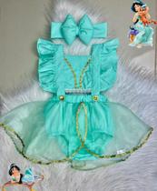 Jardineira Romper Princesa Jasmine Body Roupa Bebe Menina Mesversário