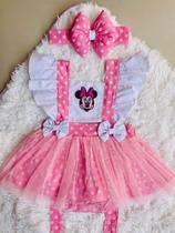 Jardineira Romper Roupa De Bebe Body Mesversario Minnie Rosa