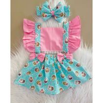 Jardineira Romper Saia Salopete Body conjunto Roupa de Bebe para Menina Fantasia Mesversario Cupcake Doces