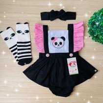 Jardineira Saia Panda Lacinho + Faixinha de Cabelo