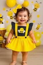 Jardineira Saia Romper Abelhinha Menina Baby + Faixinha de Cabelo