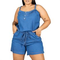 Jardineira Short Jeans Plus Size Com Lycra Azul Claro