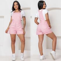 Jardineira Shorts Feminina Rosa com Barra Fashion Versátil