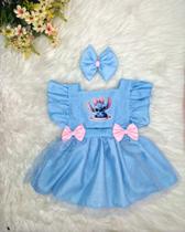 Jardineira Stitch com Tule brilhante com laço de cabelo mesversario e aniversario