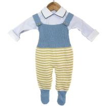 Jardineira Tricot com Body - Enrico Azul e Mostrarda Listrado Jardineira Tricot com Body - Enrico Azul e Mostrarda Listrado