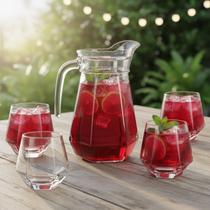 Jarra de Água e Suco de Vidro com Tampa 4 Copos Diamond Luxo Jogo de Mesa Posta Kit Conjunto 5 Peças 1 Litro Transparente Resistente Premium
