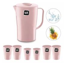 Jarra De Plástico Para Suco 2L + 6 Copos 300ML Rosa - Uz