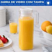 Jarra de Vidro 1L c/ Tampa e Alça p/ Água Sucos e Refrescos