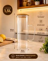 Jarra de vidro borossilicato 1,5l com tampa de bambu para bebidas quens e frias sustentteável e elegante com vedação hermética Jarra de vidro borossilicato 1,5l com tampa de bambu para bebidas quens e frias sustentteável e elegante com vedação hermética