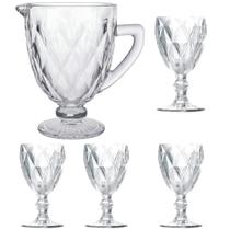 Jarra de Vidro Diamond 1,3L + 4 Taça 320ml Transparente Kit Suco água Bebidas mesa posta Jarra Suco