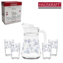 Jarra de Vidro Estampada 1,35L com Tampa de Acrílico + 4 Copos 265ml Hauskraft Estampa Sortida