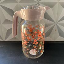 Jarra de vidro rosa decorada com flores 1,2L para suco água geladeira cozinha com alça de plástico garrafa flor rose